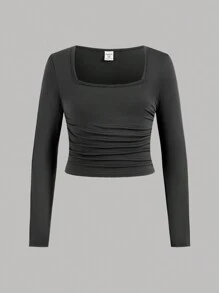 SHEIN Girlism Tween Girls' Casual Simple Comfortable Solid Square Neck Ruched Waist Multi-Packs T-Shirts - Multicolor - View 9