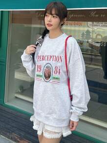 DAZY Women Pattern Print Fleece Loose Fit Crewneck Sweatshirt, Autumn,Fall Women Clothes,Winter - Light Grey - View 3