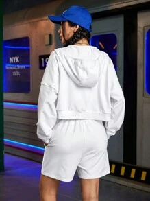 Streetz SHEIN Sport 女士短款纯色连帽运动衫和短裤两件套 - 白色 - 查看 7