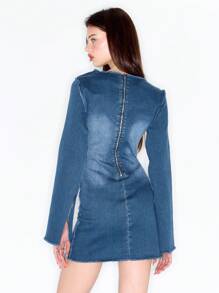 MUSERA Y2K Long Sleeve Washed Denim Grommet Eyelet Detail Mini Dress, Spring 90's - Blue - View 2