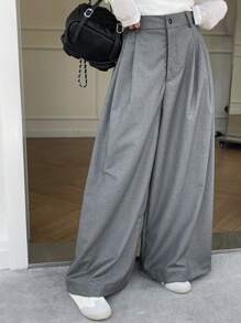 DAZY Quần ống rộng xếp ly màu trơn có túi cho nữ - Xám - Xem 8