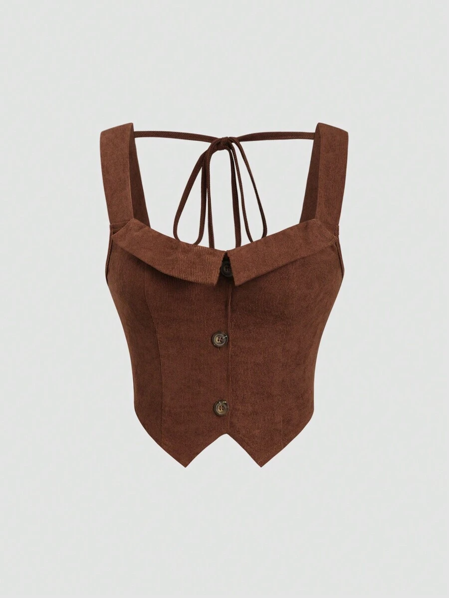 Sweetra 夏季休闲纯色前扣背心 - 棕色 - 查看 1