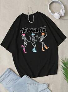 INAWLY 大码女式骷髅印花圆领短袖 T 恤 - 杏色 - 查看 3