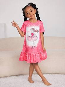 SHEIN Sommerliches, süßes und bequemes Schlafkleid für Kleine Mädchen mit Cartoon-Muster, kurzem Arm, Rüschen am Saum und flammhemmender Funktion
