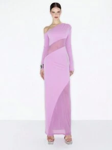 MUSERA Y2K Sexy Asymmetrical Neck Long Sleeve Contrast Mesh Maxi Dress Elegant Spring Summer Vacation Party Pastel Long Dress Graduation Prom - Pink - View 1