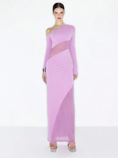 MUSERA Y2K Sexy Asymmetrical Neck Long Sleeve Contrast Mesh Maxi Dress Elegant Spring Summer Vacation Party Pastel Long Dress Graduation Prom