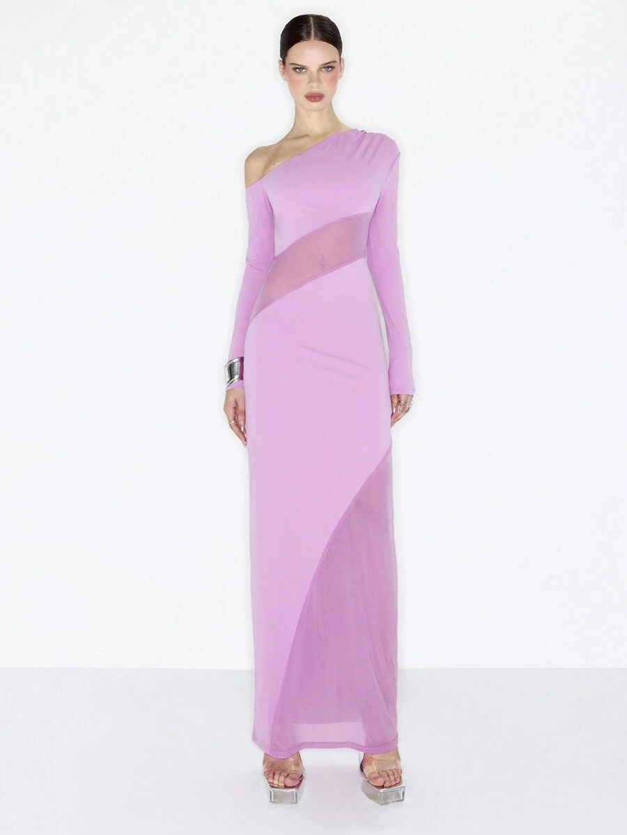 MUSERA Y2K Sexy Asymmetrical Neck Long Sleeve Contrast Mesh Maxi Dress Elegant Spring Summer Vacation Party Pastel Long Dress Graduation Prom - Pink - View 1