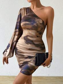 SHEIN Privé Elegante vestido de mujer de verano con diseño arrugado y teñido, de un solo hombro - Caqui - Ver 3
