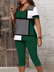 EMERY ROSE 2pcs/Set Plus Size Casual Geometric Pattern Round Neck Short Sleeve Tight Fitting 3/4 Pants, Suitable For Summer - Multicolor - View 2