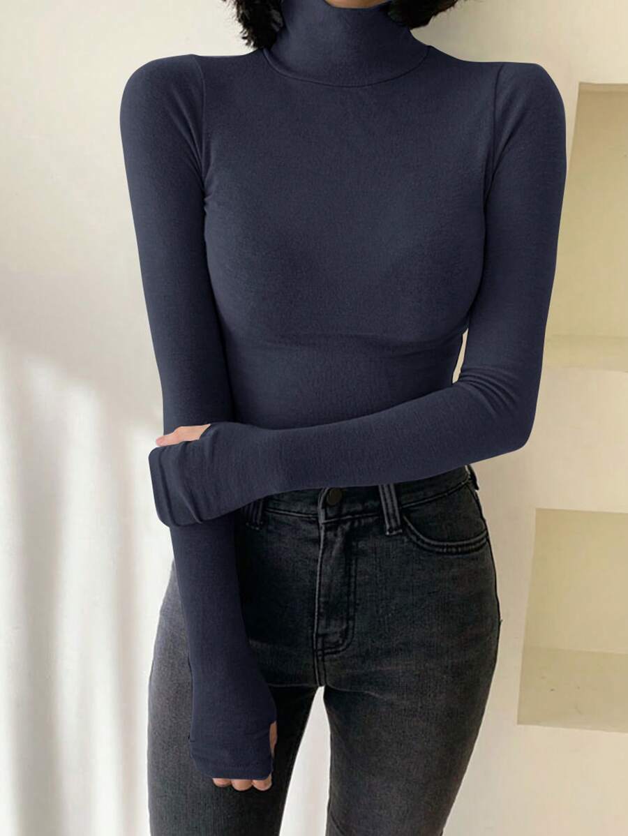 DAZY 女士休闲纯色高领修身 T 恤,春秋长袖女上衣,秋季女装 - 藏蓝色 - 查看 1