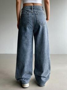 DAZY 女式直筒牛仔裤，带口袋和标志装饰，宽松牛仔裤 - 藍色 - 查看 5