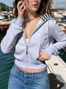 INAWLY Women's Hooded Drawstring Zip-Up Jacket, Minimalist Striped Design