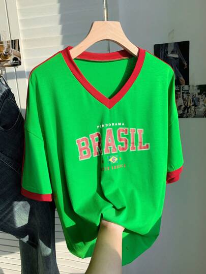 Comfortcana Colorblock Trim V-Neck Loose Brazil Team Color T-Shirt