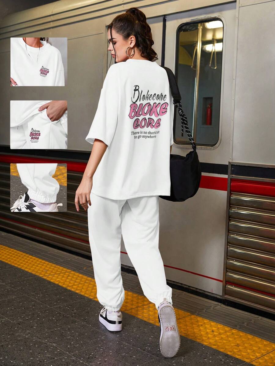 Streetz SHEIN Sport Bộ 2 món nữ mùa hè in chữ trễ vai và quần ống rộng - trắng - Xem 1