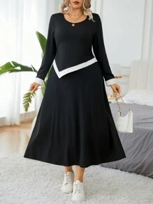 SHEIN LUNE 2pcs Plus Size Women Spring/Fall Casual Color Block Asymmetric Hem Top And Skirt Set - Black - View 5