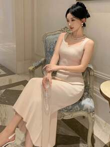DAZY 无袖纯色美人鱼裙，夏季，荷叶边女士毛衣裙舞会礼服 - 杏色 - 查看 7
