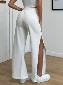 SHEIN Tall Cotton Wide Leg Side Detailed Sweatpant - Beige - View 2