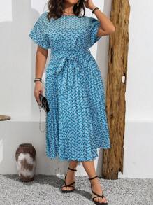 Vionelle 大码女式波西米亚风几何印花圆领蝙蝠袖褶皱下摆连衣裙，夏季女装 - 藍色 - 查看 5