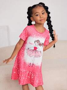 SHEIN Sommerliches, süßes und bequemes Schlafkleid für Kleine Mädchen mit Cartoon-Muster, kurzem Arm, Rüschen am Saum und flammhemmender Funktion