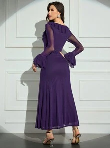 Modelyn Women's Solid Color Square Neck Ruffled Mesh Contrast Elegant Long Sleeve Dress Long Evening Dresses - Purple - View 2