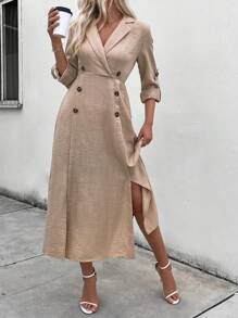 SHEIN Clasi 女士夏季纯色马球领袖口侧开衩下摆优雅办公室连衣裙