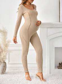 SHEIN Maternity Solid Scoop Neck Ribbed Knit Unitard Jumpsuit Khaki - Khaki - View 4