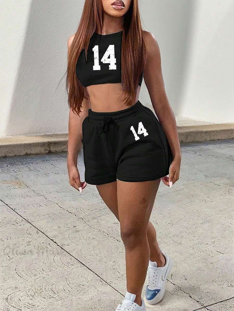 Slaydiva 2 件套女士夏季休闲 14 字母印花修身圆领背心和抽绳短裤