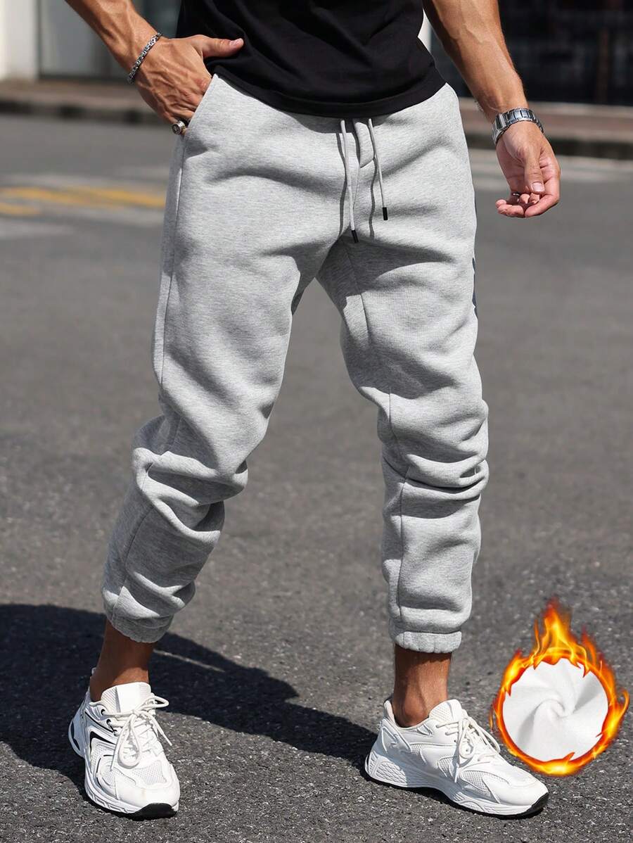 Manfinity Homme Men's Drawstring Pockets Simple And Versatile Solid Gray Thermal Lined Thickened Cuffed Sports Sweatpants,Fall Men Clothes - Grey - View 1