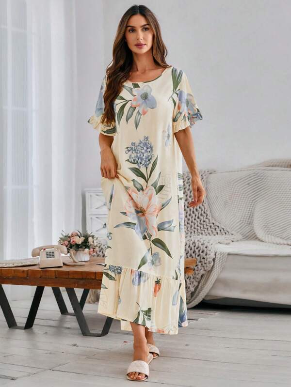 Serenescape Rochie de damă cu imprimeu floral, guler rotund, mânecă scurtă, tiv cu volane, casual, lenjerie de casă luxoasă, vacanță