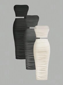 SHEIN Essnce Women's Summer Casual Solid Color Pleated Strapless Top Going Out Tops Tube Top And Knee-Length Slim Fit Skirt Set Airport Outfit Back To School Clothes Women Two Pieces Sets Tube Top Set Going Out Sets For Fall Clothes , 3pcs - Dark Grey - View 2