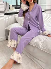 Women's Butterfly Print Ruffle Splice Lapel Top And Pants Pajama Set