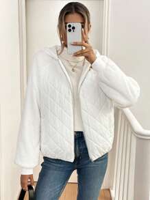 SHEIN Essnce Women's Solid Color Raglan Sleeve Casual Hooded Padded Coat, Autumn/Winter - White - View 3