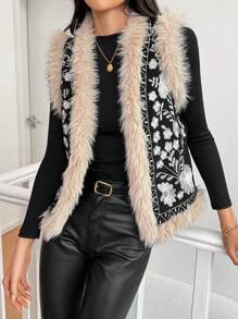 EMERY ROSE Women's Autumn/Winter Clothes Fashion Plush Patchwork Floral Embroidery Vest Padded Padded Coat - Black - View 4