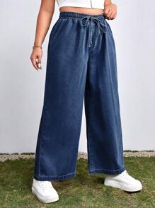 SHEIN EZwear Plus Size Lightweight Loose Waist Drawstring Boyfriend Jeans