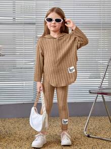SHEIN 2 件套年轻女孩宽松落肩连帽衫运动衫 + 裤子套装 - 駝色 - 查看 2