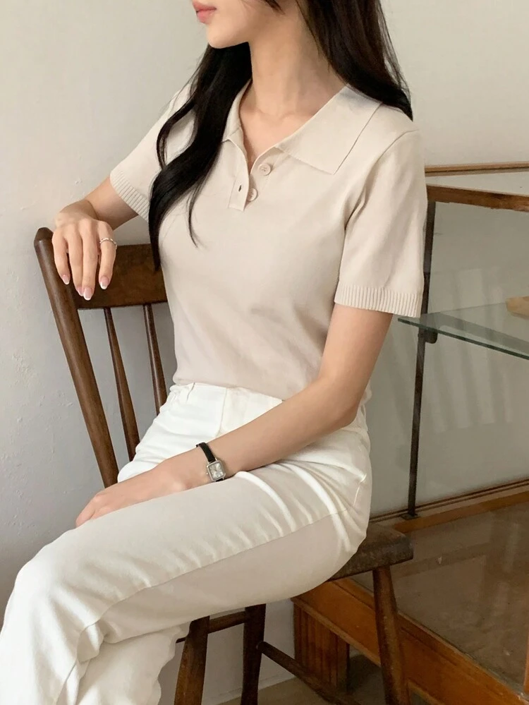 Women Business Casual Polo Collar Short Sleeve Knit Top