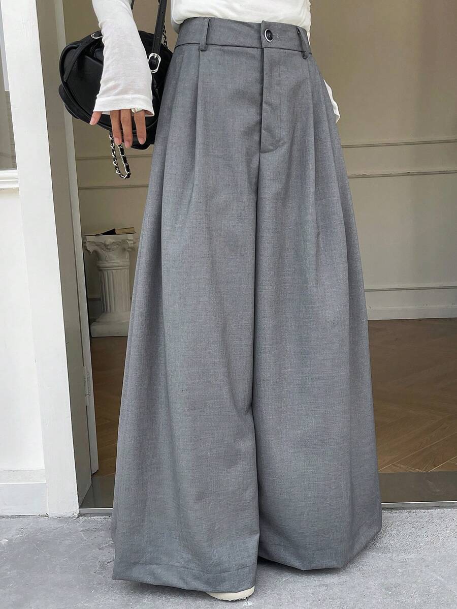 DAZY Quần ống rộng xếp ly màu trơn có túi cho nữ - Xám - Xem 1