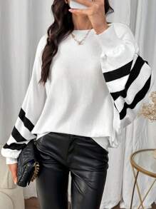 SHEIN LUNE Solid Color Patchwork Batwing Sleeve Simple Pullover Sweater, Casual Daily Wear Knit Pullover Fall Winter Outfit - White - View 1