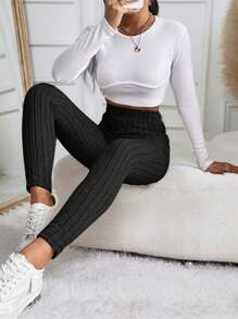 SHEIN Frenchy Solid Ribbed Knit Bodycon Leggings Black Summer Casual - Black - View 3