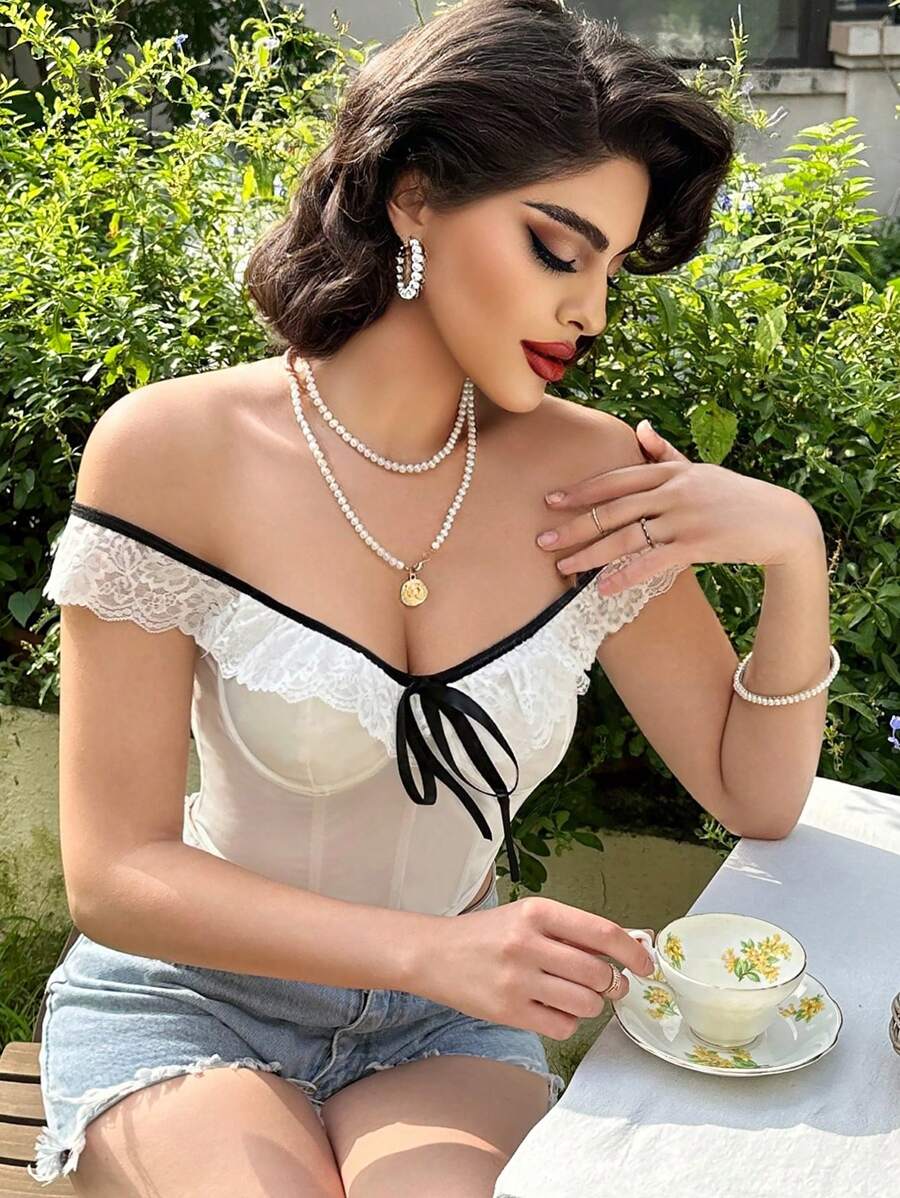 Twin Melody X SHEIN Zolique 女士優雅色塊露肩蕾絲鑲嵌背心上衣，夏季