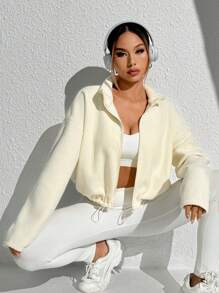 SHEIN Sport Studio Wind-Resistant Warm Dropped Shoulder Hem Drawstring Short Jacket Sports Jacket