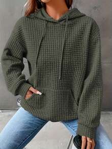 Plus Size Women's Loose Fit Pullover Sweatshirt With Long Sleeve And Patchwork Waffle Grid Design For Commuting - Green - View 4