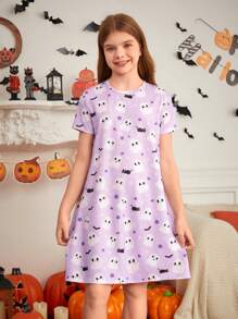 SHEIN Tween Girl Cute Cartoon Pattern Short Sleeve Halloween Theme Flame Retardant Nightgown, Sibling Outfits Matching Outfits (2 Pieces Are Sold Separately)