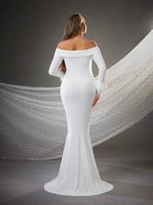 SHEIN Pregnant Women's Solid Color Twist Front Off Shoulder Long Sleeve Fluffy Cuff Elegant Maternity Photoshoot Long Sleeve Dress, For Party