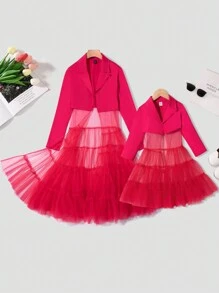Chaqueta de manga larga con cuello rojo, dobladillo de malla, linda y juguetona, moda nueva para niñas jóvenes, conjunto a juego diario regular mamá e hija (2 piezas se venden por separado)