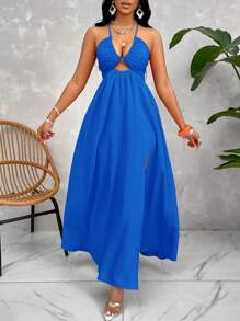 SOLERSUN Crisscross Tie Backless Halter Swing Dress Maxi Women Outfit - Royal Blue - View 5