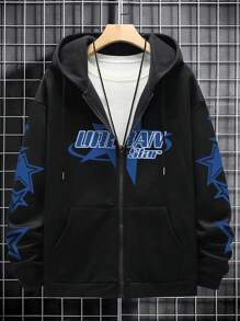 Manfinity LEGND Men's Letter & Pentagram Print Hooded Zip Pocket Zip-Up Sweatshirt, Men Zip Up Hoodies Star Print, Men Graphic Print Zip Up Hoodies, Streetwear Hoodies For Men, Fall/Winter - Black - View 4