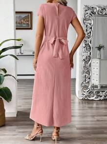Chiquease 女士純色短袖圓領夏季連衣裙 - 藕粉色 - 查看 2