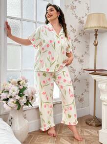 CottageSlumber 郁金香印花雪纺睡衣套装，荷叶边下摆，加大码