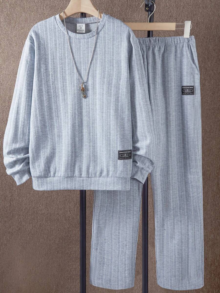 2 件青少年男孩简约纹理面料休闲圆领套装 - 灰色 - 查看 1